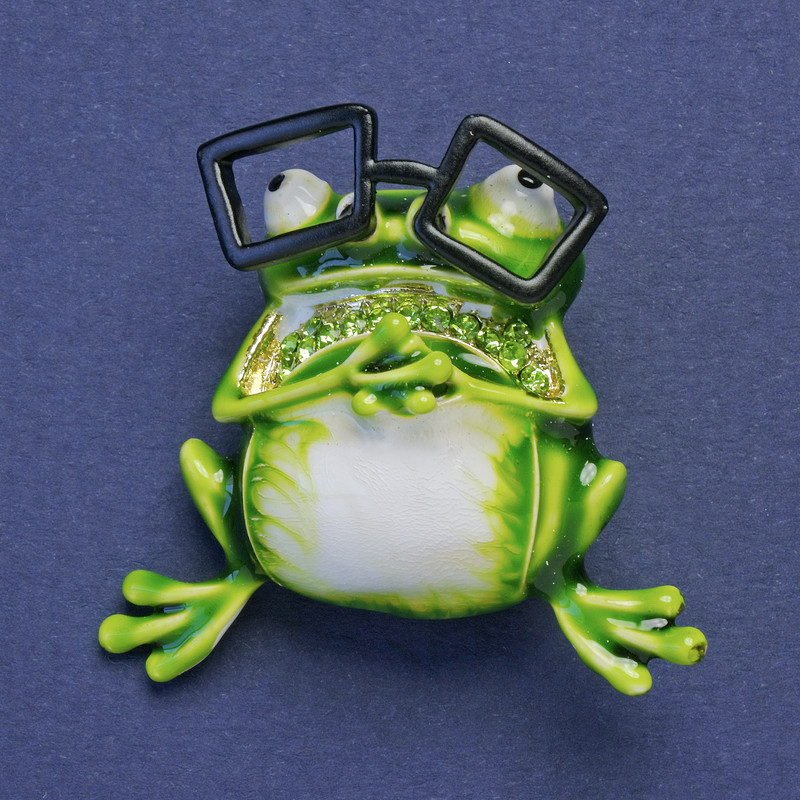 Brooch-Pendant Frog in Glasses Green-White Enamel Grey Rhinestones Gold-Tone Metal 38x35mm +