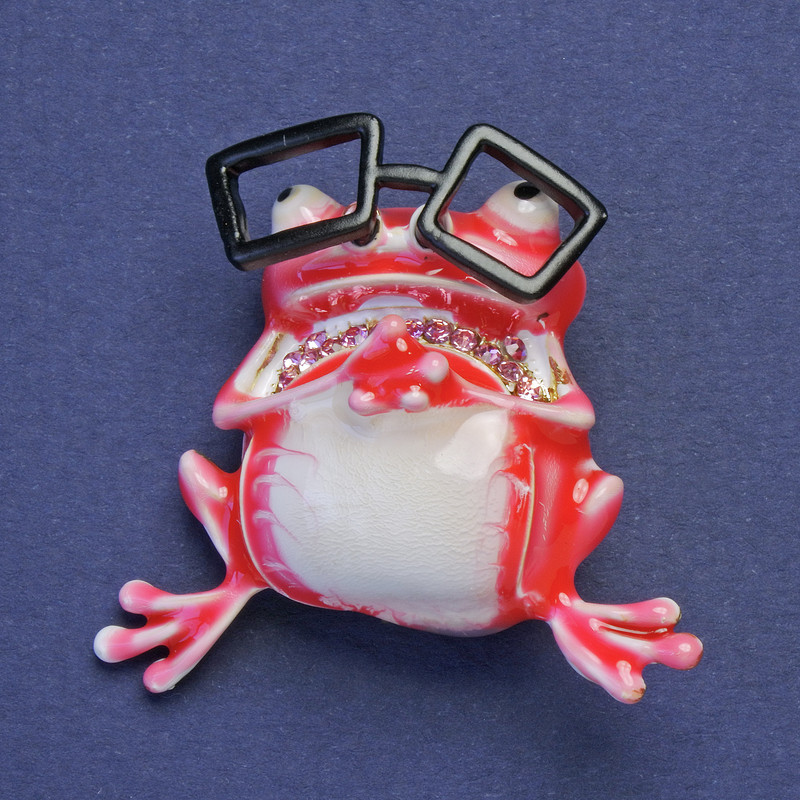 Brooch-Pendant Frog in Glasses Red-White Enamel Pink Rhinestones Gold-Tone Metal 38x35mm +