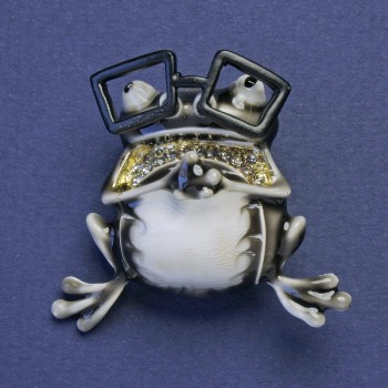 Brooch-Pendant Frog in Glasses Black-White Enamel Grey Rhinestones Gold-Tone Metal 38x35mm +