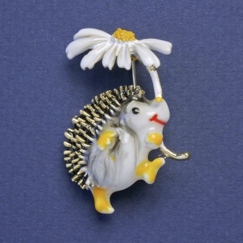 Brooch Hedgehog with White Flower White Enamel Gold-Tone Metal 28x32mm +