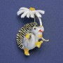 Brooch Hedgehog with White Flower White Enamel Gold-Tone Metal 28x32mm +