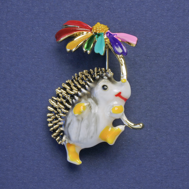 Brooch Hedgehog with Colourful Flower White Enamel Gold-Tone Metal 28x32mm +
