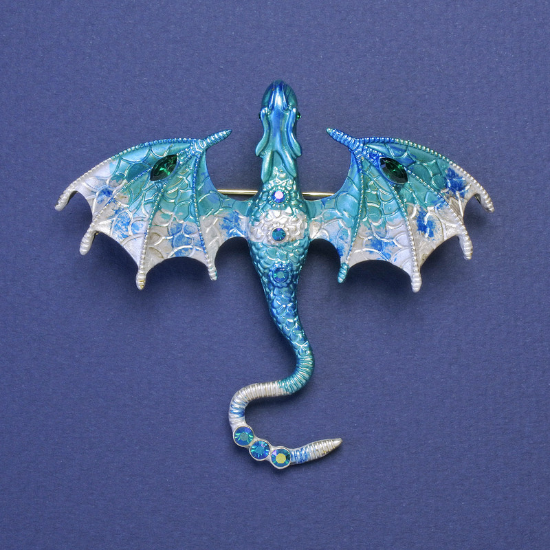 Brooch-Pendant Dragon Blue-Silver Enamel Blue Rhinestones Gold-Tone Metal 63x72mm +