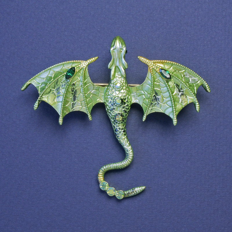 Dragon Brooch-Pendant, Lime-Green Enamel, Green Rhinestones, Gold-Tone Metal, 63x72mm +