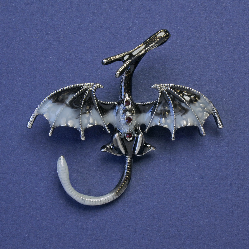 Dragon Brooch-Pendant, Grey-White Enamel, Red Rhinestones, Silver-Tone Metal, 48x45mm+