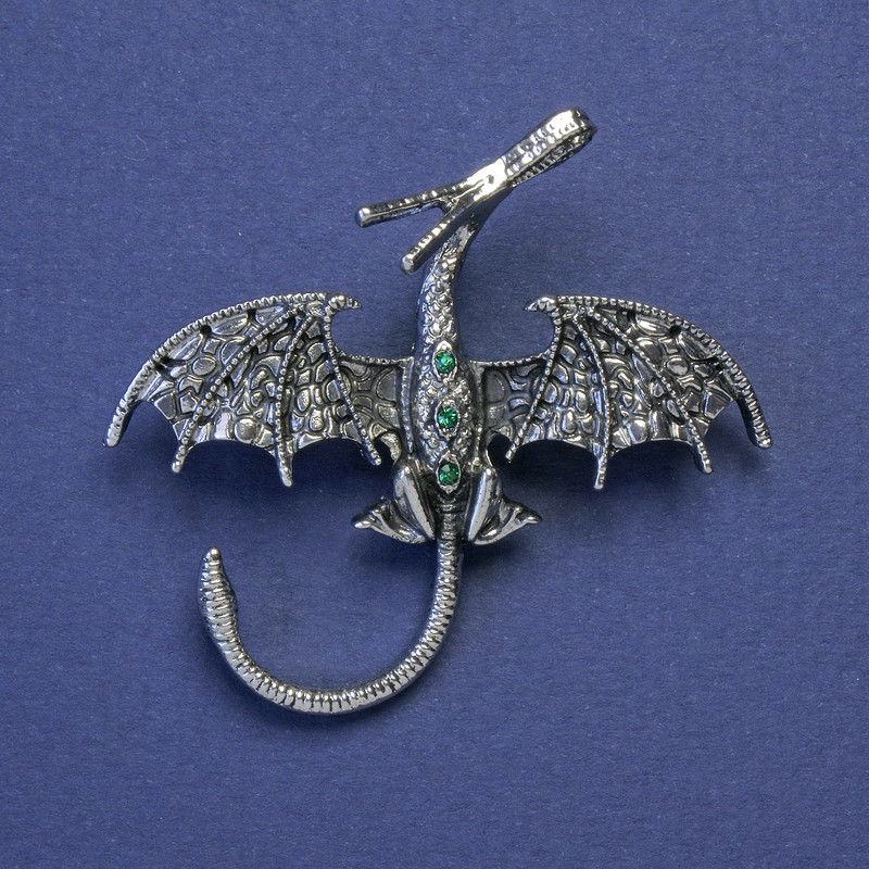 Dragon Brooch-Pendant, Green Rhinestones, Silver-Tone Metal, 48x45mm+