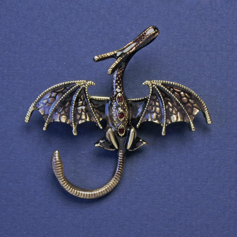 Dragon Brooch-Pendant, Bronze Enamel, Red Rhinestones, Gold-Tone Metal, 48x45mm+