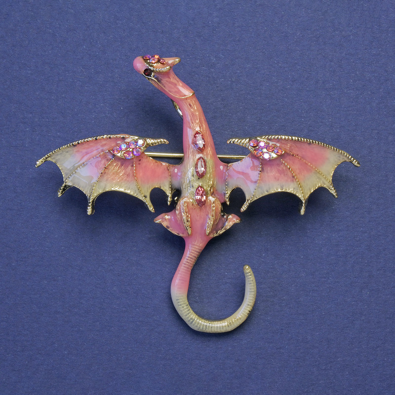 Dragon Brooch-Pendant, Pink-Beige Enamel, Pink Rhinestones, Gold-Tone Metal, 50x57mm +