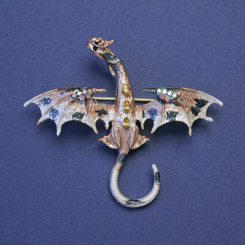 Dragon Brooch-Pendant, Beige-White Enamel with Yellow Rhinestones, Gold-Tone Metal, 50x57mm +