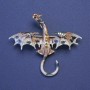 Dragon Brooch-Pendant, Beige-White Enamel with Yellow Rhinestones, Gold-Tone Metal, 50x57mm +