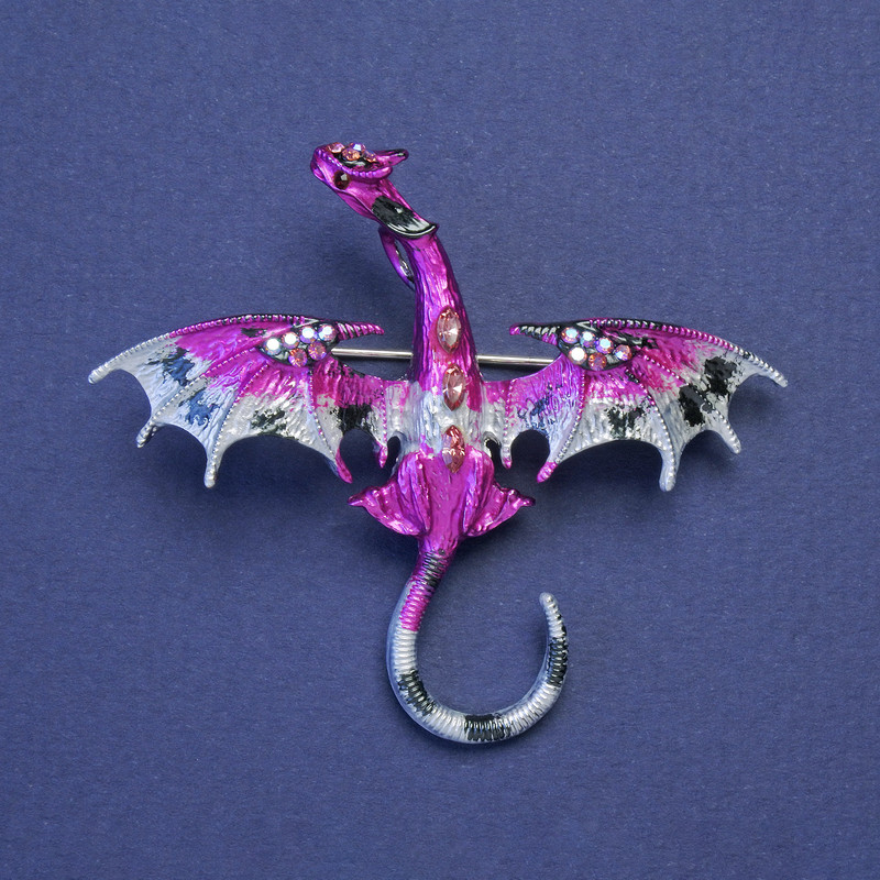 Dragon Brooch-Pendant, Raspberry-Grey Enamel with Petrol Rhinestones, Silver-Tone Metal, 50x57mm +