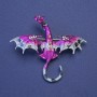 Dragon Brooch-Pendant, Raspberry-Grey Enamel with Petrol Rhinestones, Silver-Tone Metal, 50x57mm +
