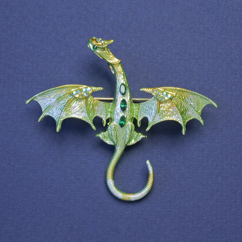 Dragon Brooch-Pendant, yellow-lime enamel with green rhinestones, gold-tone metal, 50x57mm+