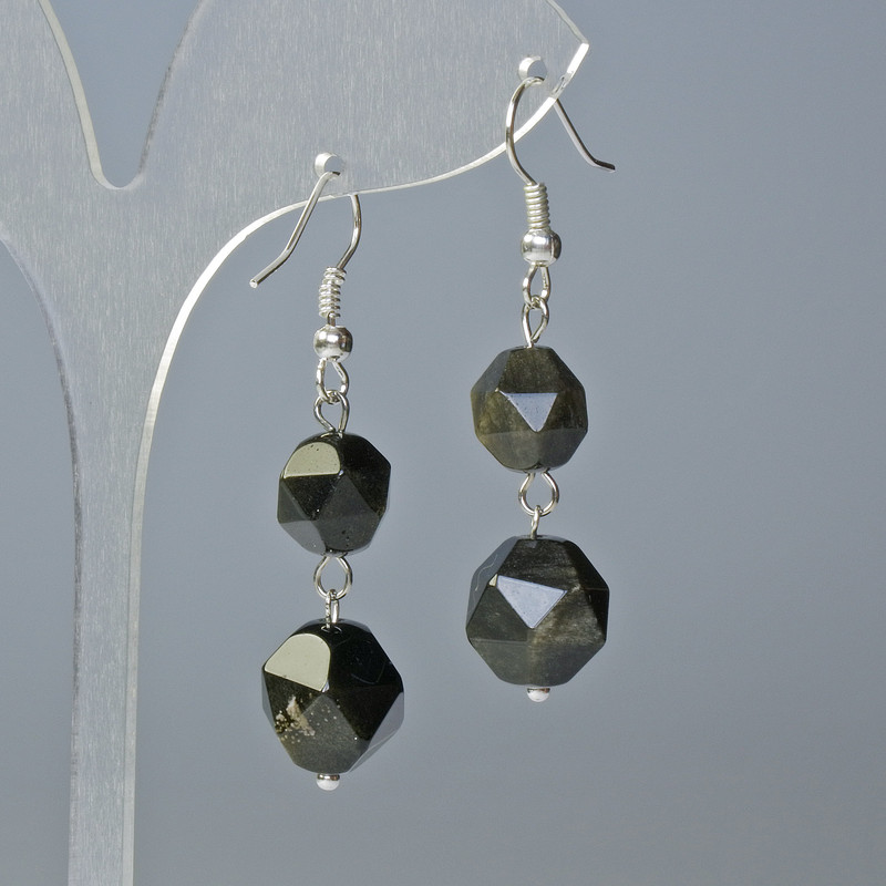 Golden Sheen Obsidian Earrings, Natural Stone Faceted, 10x9mm & 12x11mm+- Diameter, 4cm+- Length, Hook Wire