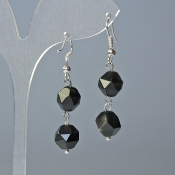Silver Obsidian Earrings, Natural Stone Faceted, 10x9mm & 12x11mm+- Diameter, 4cm+- Length, Hook Wire