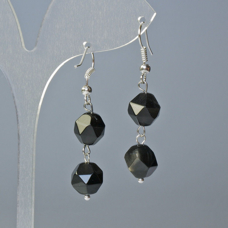 Silver Obsidian Earrings, Natural Stone Faceted, 10x9mm & 12x11mm+- Diameter, 4cm+- Length, Hook Wire