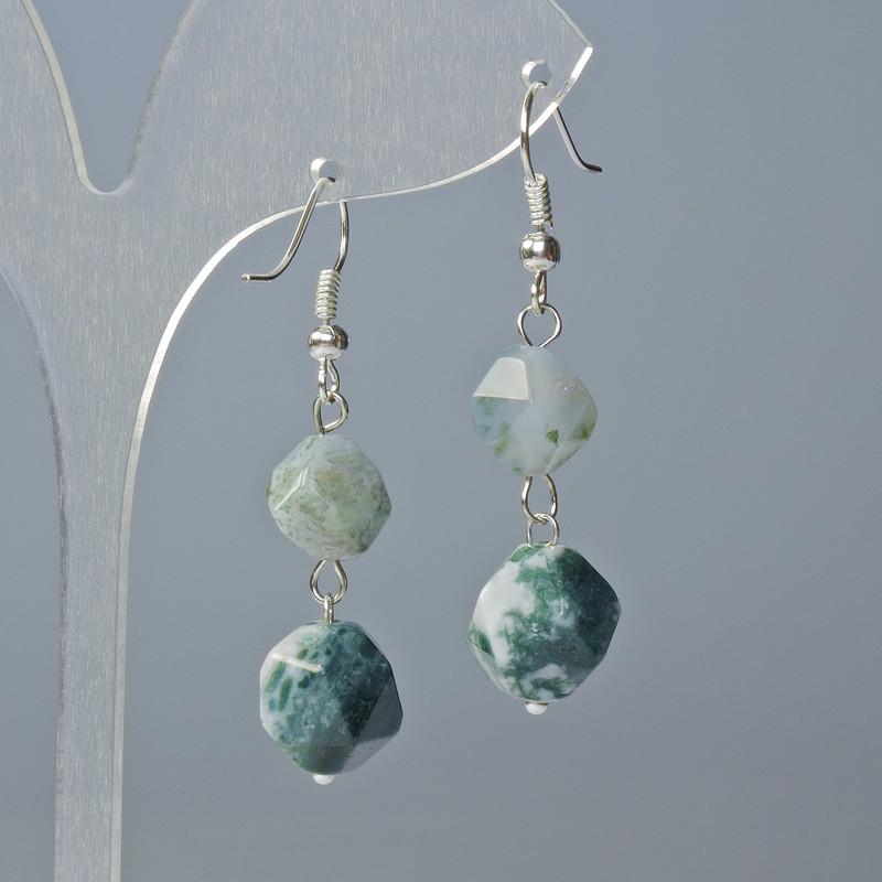 Moss Agate Earrings, Natural Stone Faceted, 10x9mm & 12x11mm+- Diameter, 4cm+- Length, Hook Wire