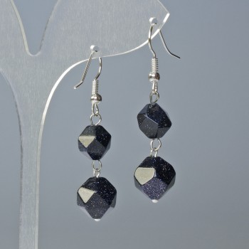 Aventurine Earrings "Blue Sand — Cairo Night", Faceted, 10x9mm & 12x11mm+- Diameter, 4cm+- Length, Hook Wire