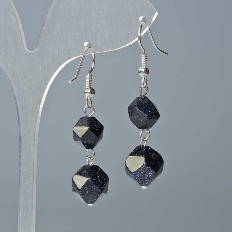 Aventurine Earrings "Blue Sand — Cairo Night", Faceted, 10x9mm & 12x11mm+- Diameter, 4cm+- Length, Hook Wire