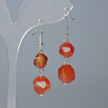 Carnelian Earrings, Natural Stone Faceted, 10x9mm & 12x11mm+- Diameter, 4cm+- Length, Hook Wire