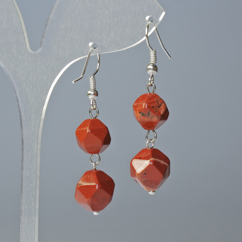 Red Jasper Earrings, Natural Stone Faceted, 10x9mm & 12x11mm+- Diameter, 4cm+- Length, Hook Wire