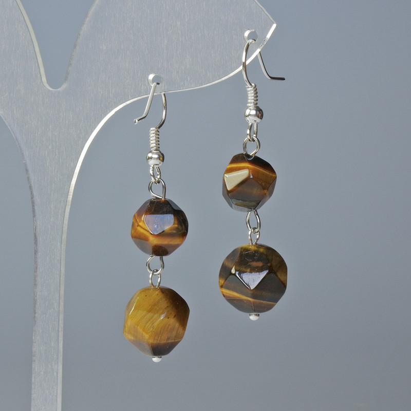 Tiger's Eye Earrings, Natural Stone Faceted, 10x9mm & 12x11mm+- Diameter, 4cm+- Length, Hook Wire