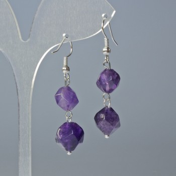 Amethyst Earrings, Natural Stone Faceted, 9x8mm+- Diameter, 4cm+- Length, Hook Wire
