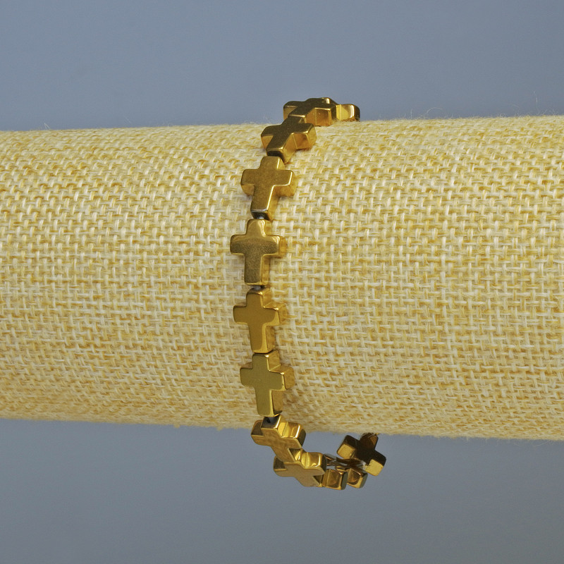 Hematite Bracelet "Cross" golden colour, 9x7x1.5mm+-, diameter 9x7x1.5mm, length 18cm +- (stretch)