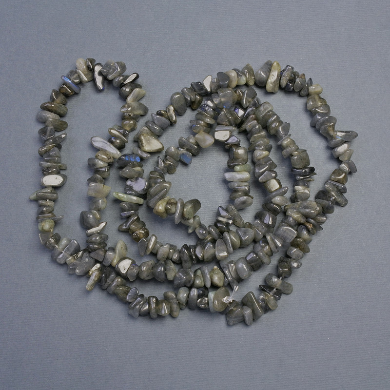 Natural Labradorite Stone Chip Beads on Fishing Line, diameter 14x5-7x5mm+-, length 80cm+