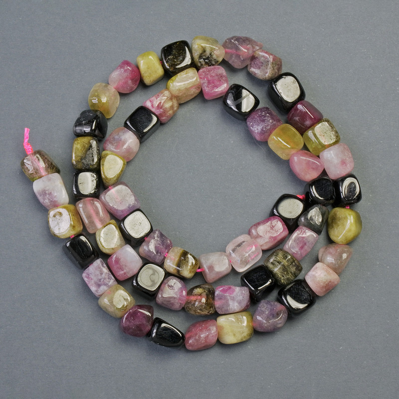 Tourmaline Beads on Thread, Natural Stone, Cube-Tumbled, Diameter 7x7mm+/-, Length 39cm+