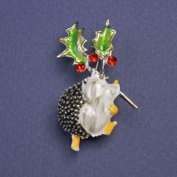 Brooch Hedgehog with Christmas Flower Hallmark Holly Green White Enamel Metal Colour Silver 39x23mm+