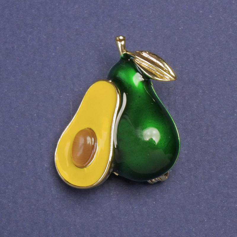 Avocado Brooch-Pendant Green Yellow Enamel Gold Metal Colour 30x23mm+