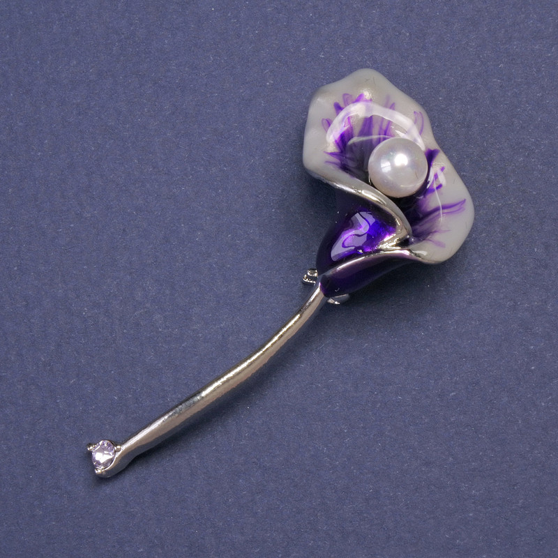 Brooch-pendant KalI Flower with Purple Enamel and Silver Tone 52×23mm