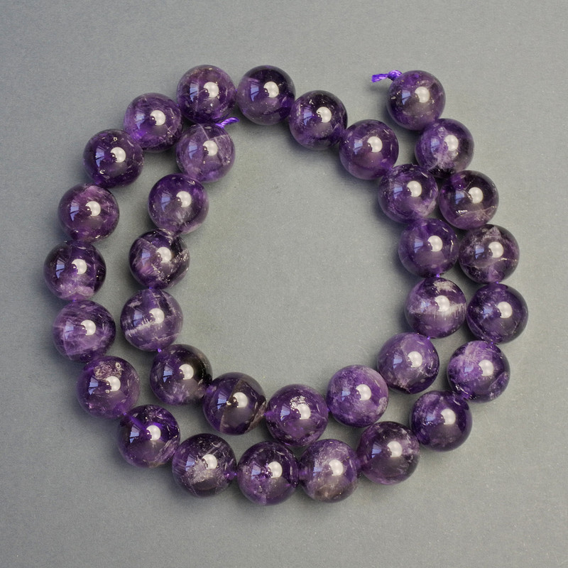 Amethyst Beads on a String Natural Stone Smooth Round, Diameter 12mm+-, Length 39cm+