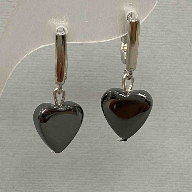 Hematite Black Heart Earrings, diameter 11mm+/-, length 2.8cm