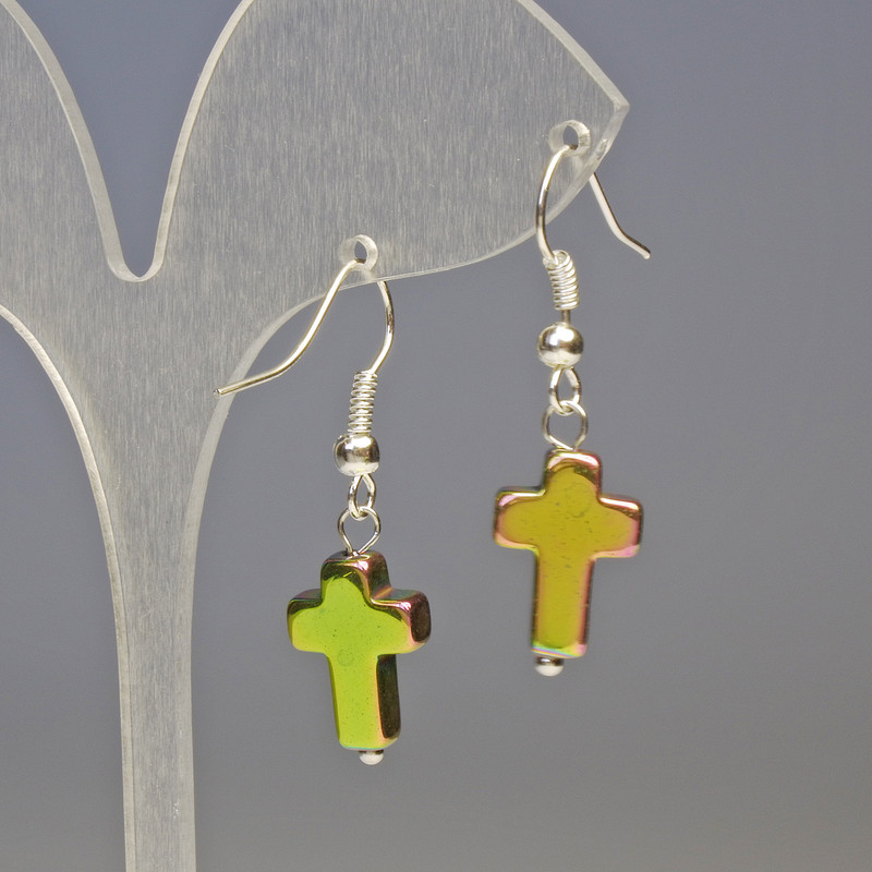 Hematite Rainbow Cross Earrings, diameter 10x14mm+/-, length 3.4cm