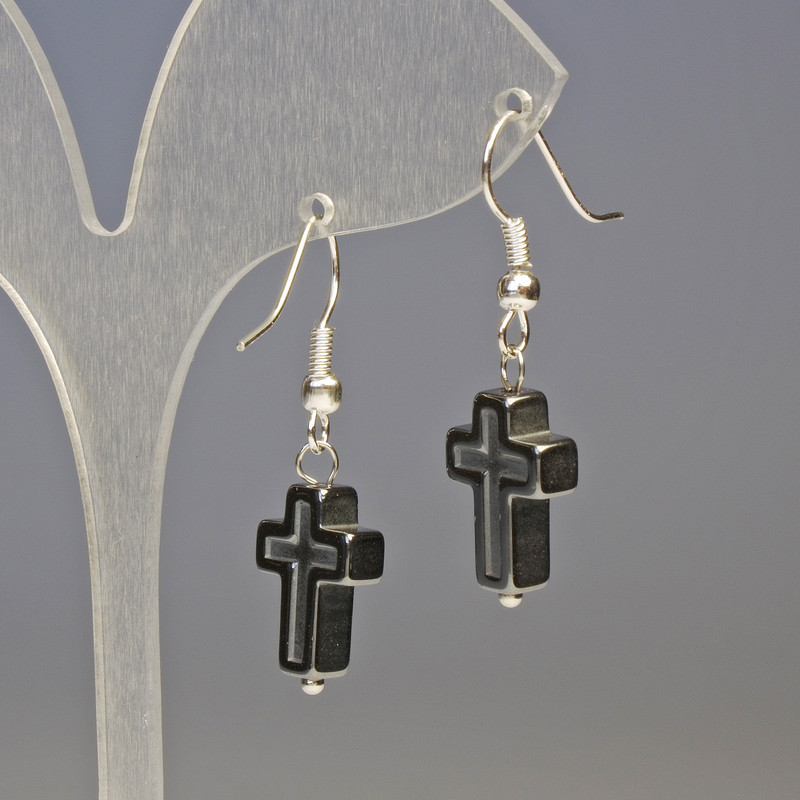 Hematite Cross Earrings, Black, diameter 10x14mm+-, length 3.4cm