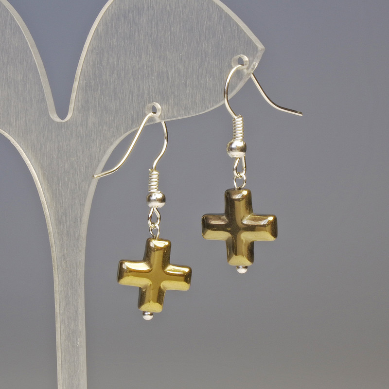 Hematite Cross Earrings, Bronze, diameter 13x13mm+-, length 3.2cm