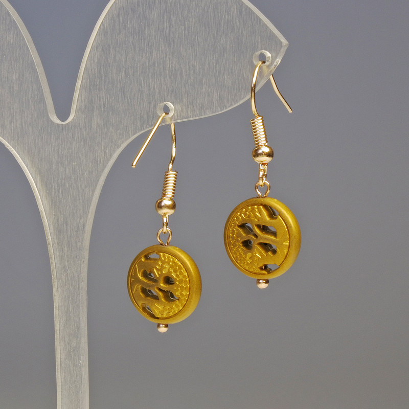 Hematite Assorted Tree Earrings, Gold, diameter 12x4mm+-, length 3.2cm