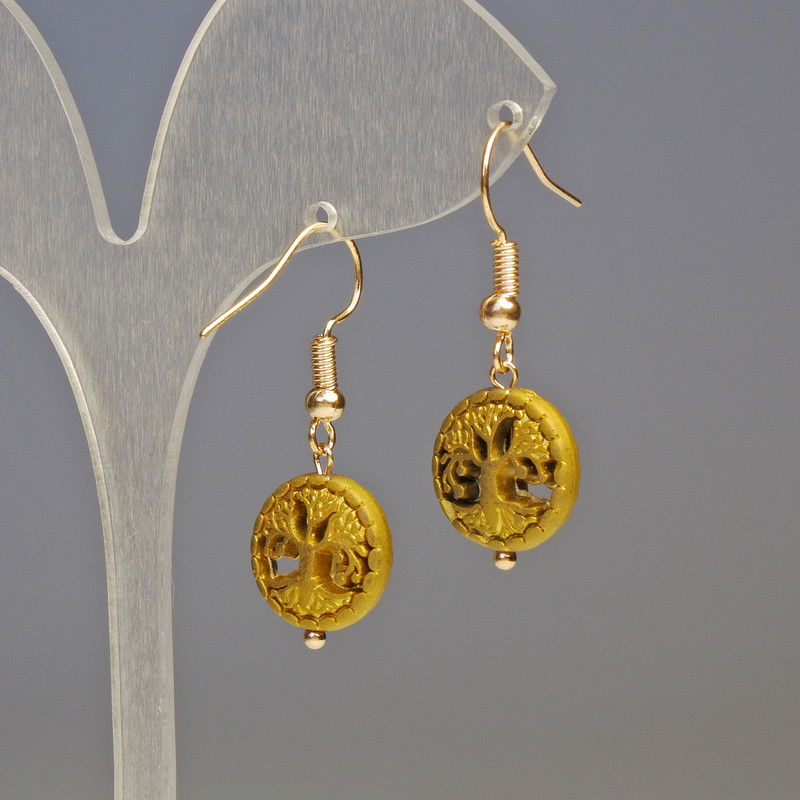 Hematite Assorted Tree Earrings, Gold, diameter 12x4mm+-, length 3.2cm