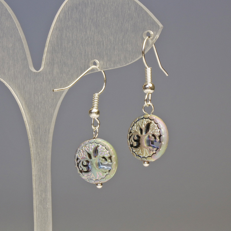 Hematite & Wood Earrings, Light Blue & Silver, Diameter 12x4mm+-, Length 3.2cm