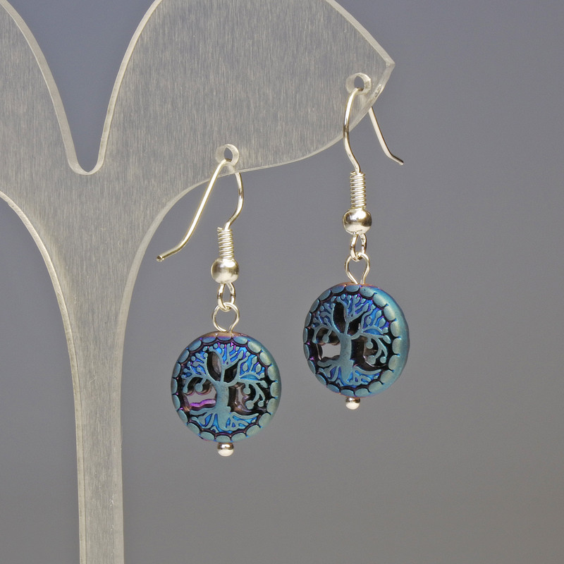 Hematite & Wood Earrings, Blue, Diameter 12x4mm+-, Length 3.2cm