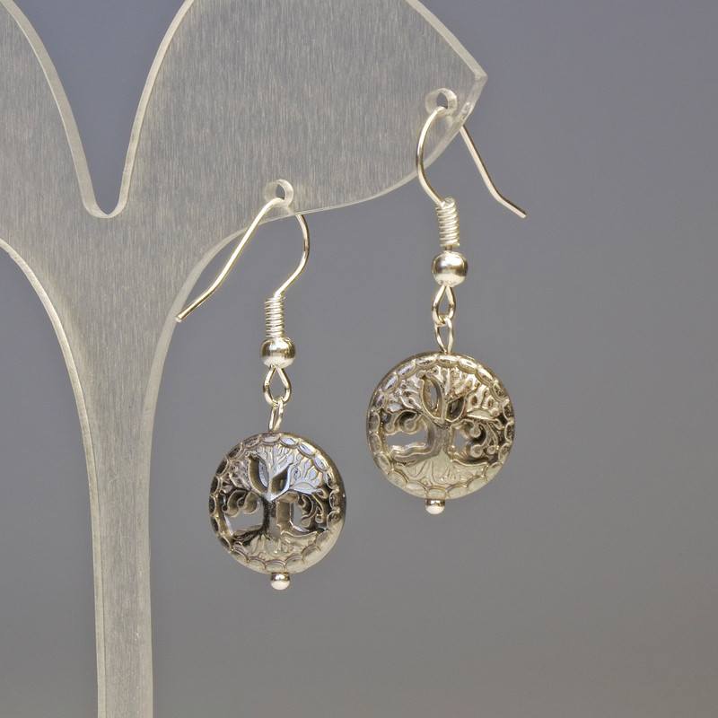 Hematite & Wood Earrings, Silver, Diameter 12x4mm+-, Length 3.2cm