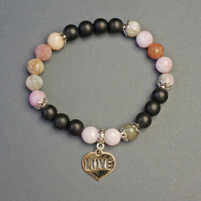 Shungite Tourmaline Bracelet with Heart Pendant, diameter 8mm+-, length 18cm+- stretch