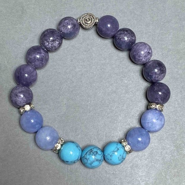 Tanzanite, Turquoise & Aquamarine Bracelet with Inserts, diameter 10mm+/-, length 18cm+/- stretch