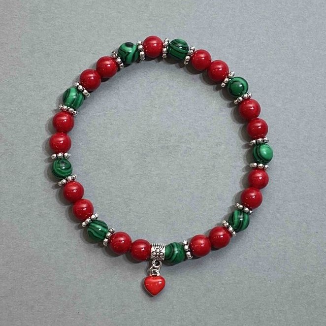 Coral Malachite (Synth) Bracelet with Cherries Charm, diameter 6-7mm+-, length 18cm+- stretch