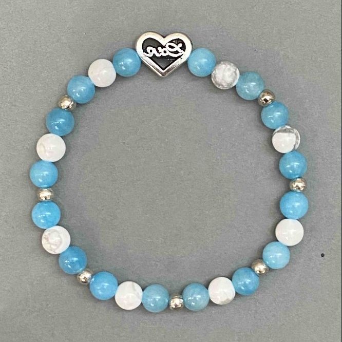 Aquamarine and Cacholong Bracelet with Heart Insert, diameter 6mm+-, length 18cm+- stretch