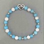 Aquamarine and Cacholong Bracelet with Heart Insert, diameter 6mm+-, length 18cm+- stretch