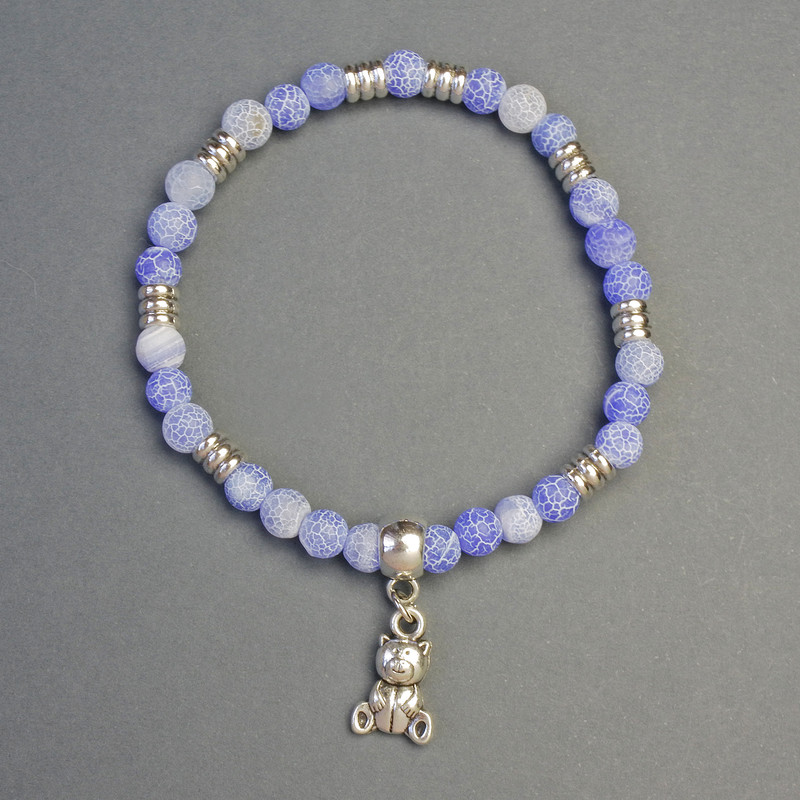 Frosty Agate Bracelet with Bear Charm, diameter 6mm+-, length 18cm+- stretch