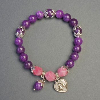 Sugilite and Tourmaline Bracelet with Heart Charm, diameter 8-9mm+-, length 18cm+- stretch